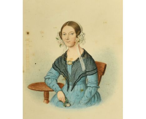 John Chapman (19th Century) British, A portrait of a seated lady holding a flower, watercolour, signed, 6" x 5".
