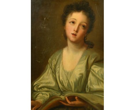 Circle of Jean-Baptiste Greuze (1725-1805) French, a half-length portrait of a lady holding a book, oil on canvas, 26.5" x 17
