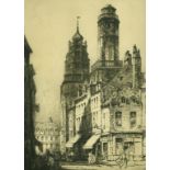 Andrew Affleck (1869-1935) British, 'Towers of Calais' etching, signed in pencil, labels verso, 16.