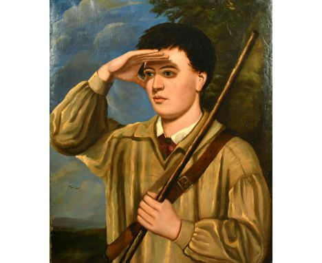 19th Century School, half-length portrait of a young man carrying a game bag, oil on canvas, 28" x 23", (unframed).