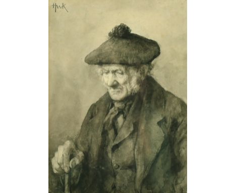 Hermanus Willem Koekkoek (1867-1929) Portrait of an elderly man, monochrome watercolour, signed with initials, James Dunn, Ed