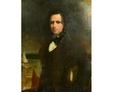 19th Century, Portrait of a young gentleman standing by a harbour wall, oil on canvas, 36" x 28".
