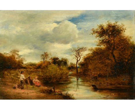 John Linnell (1792-1882) British, 'The Brook', a sketch study of figures fishing, oil on cradled panel, indistinctly signed, 