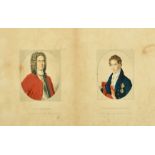 A set of four hand-coloured engravings of the Drummond family, framed in two frames, each image 5.5"