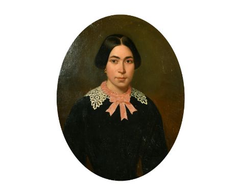 19th Century Continental School, a half-length portrait of a lady, oil on canvas, framed as an oval, 29" x 30".