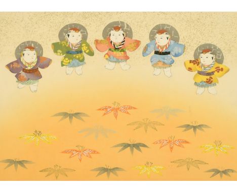 An early 20th Century Japanese woodblock print, A Japanese festival depicting five actors with maple leaf decoration, with gi