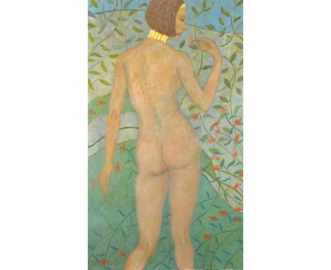 Kanwaldeep Singh Kang, signed Nicks, (1964-2000) British, A portrait of a standing female nude in a garden with trailing vine