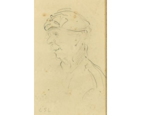 Manner of L.S. Lowry, Portrait study of a man in a cap, pencil on paper, bears initials, inscribed verso with original price,