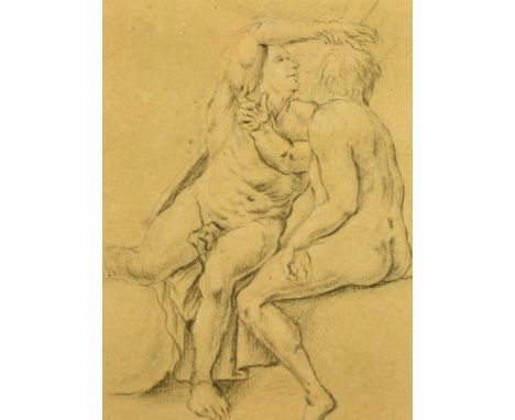 18th Century, A sketch of two figures, pencil drawing on yellow toned paper, 4.25" x 3", (unframed).