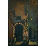 Joseph Chamberlain (20th century) British, A print of figures in a town square, 10" x 6".