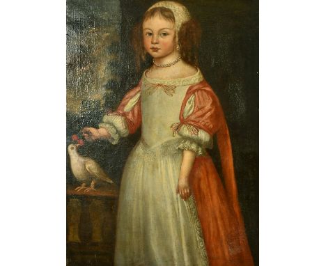 17th Century Dutch School, A portrait of a young girl holding cherries with a landscape beyond, 33" x 24", in a carved wood f