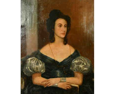 19th Century English School, a half-length portrait of lady holding a book, oil on canvas, 36" x 28", (unframed).
