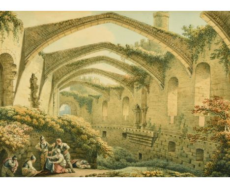 A group of figures conversing in a ruined building, watercolour, 10" x 14", along with another watercolour of a large house a