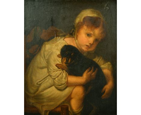 After Jean Baptiste Greuze (1725-1805) French, portrait of a young girl holding a dog, oil on canvas, 24" x 20.25".
