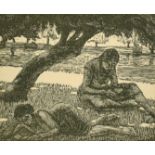 Gwen Raverat (1885-1957), The riverbank (1932), woodcut published by Mercury Press, 3.5" x 4".