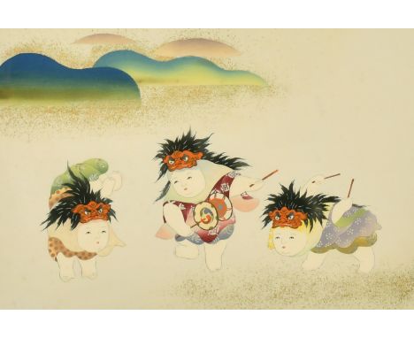 An early 20th Century Japanese woodblock print, A Japanese festival depicting three festival actors with gilt dust highlights