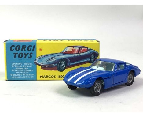 CORGI TOYS MARCOS 1800 G.T. WITH VOLVO ENGINE, NO. 324 in a blue colourway, the bonnet with two white stripes and a mint colo