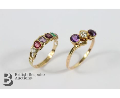 Antique 15ct (tested) yellow gold amethyst and diamond ring. The ring set with a centre old-cut diamond of 20 pts and flanked