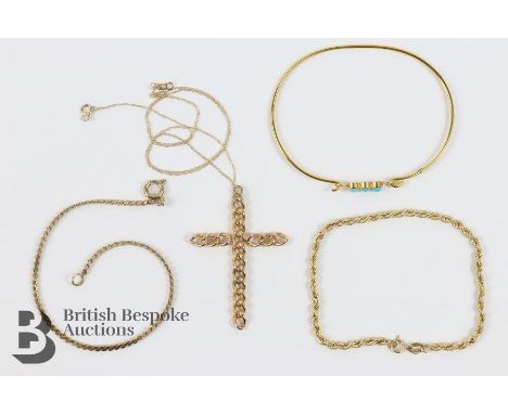 Two 9ct gold bracelets, together with a Continental gold and turquoise bangle, gross weight, together with a 9ct yellow gold 