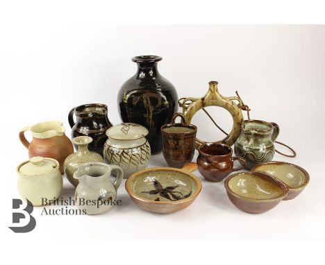 14 Pieces of Winchcombe Pottery, includes Don Jones water vessel apprentice piece approx. h 19cm, Ray Finch wall pocket dated