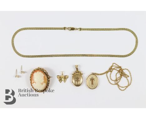 Miscellaneous 9ct gold including two lockets, fine chain, pair of opal earrings approx 8.3 gms, a 14ct gold buttery fly penda