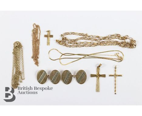 9ct gold jewellery, including a pair of engine-turned cufflink's; three cross pendants; four 9ct gold chains and one part cha
