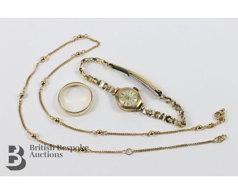 9ct gold neck chain, together with a 9ct gold wedding band, size T and a 9ct gold cased cocktail watch, 10.5 gms.&nbsp;