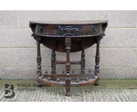 17th century drop leaf, gate leg console table, the top lifts to reveal a compartment crafted from oak, approx 82 x 70d (when