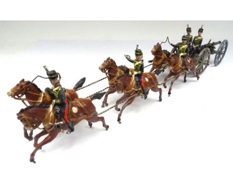 Britains aet 39, Royal Horse Artillery Gun Team FIRST VERSION, six horse collar harness team, shafted limber, two seated men 