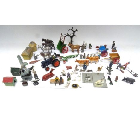 Britains Tractor and four furrow Plough with various makers Horses, Carts, Milkman with Float, Milkchurns, fox, railway lugga