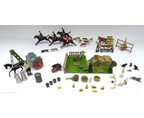 Britains Hunt series 'Full Cry" with fox and hounds, Garden balustrade and Rockery steps, mower, rollers, hosereel etc. four 