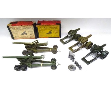 Britains, two sets 2064, 155mm Guns in khaki and dark green finishes (Condition Good, ammunition, trail spades and one trail 