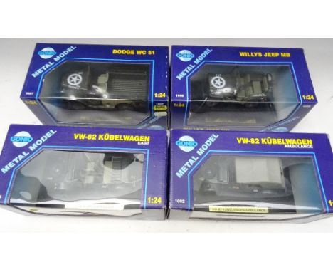 Gonio 1/24 scale 1002 VW 82 Ambulance 1004 VW Kubelwagen East, 1007 DodgeWC 51 and 1008 Willys Jeep MD in original boxes (Con