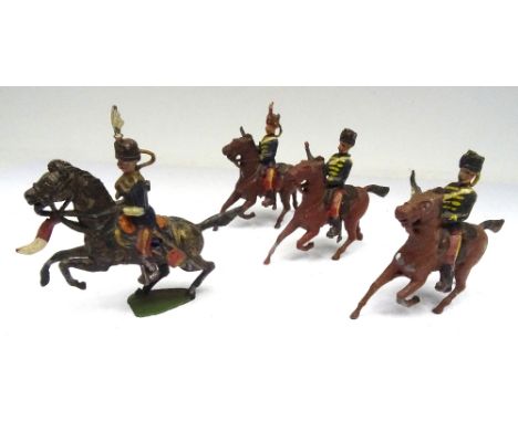 Britains set 12, 11th Hussars FIRST VERSION, donkey horses, Officer on rearing horse with throat plume (Condition Fair, offic