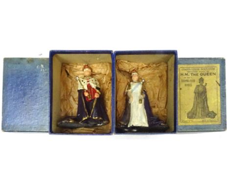 Johillco RARE souvenir figures of King George VI and Queen Elizabeth 80mm size, in coronation robes, 1937, in original boxes 