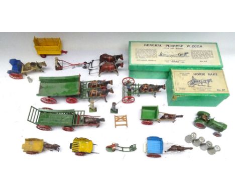 Britains and other Farm Vehicles 6F Plough and 8F Horse Rake in original boxes (Condition Very Good, boxes Fair) with four mi