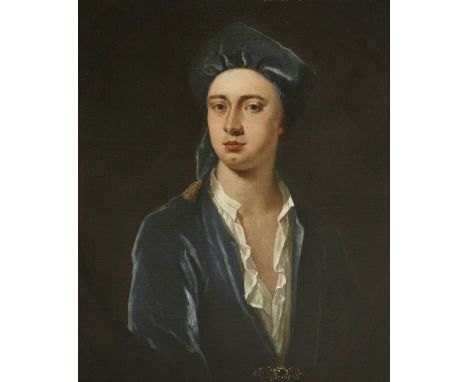 Attributed to Jonathan Richardson (1667-1745) PORTRAIT OF A YOUNG GENTLEMAN, HALF LENGTH, IN A BLUE COAT AND CAP Oil on canva