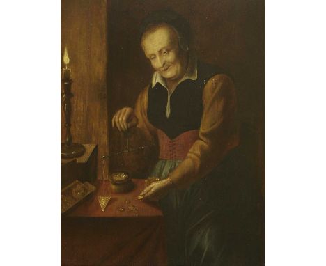 Continental School, 18th/19th century THE WEIGHING SCALES Bears initials 'JS' and date1651 c.l., oil on panel 44.5 x 36.5cm