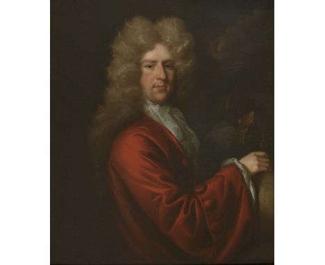 John Closterman (1660-1711) PORTRAIT OF A GENTLEMAN, HALF LENGTH, IN A RED COAT, HIS RIGHT HAND RESTING ON A CELESTIAL GLOBE,