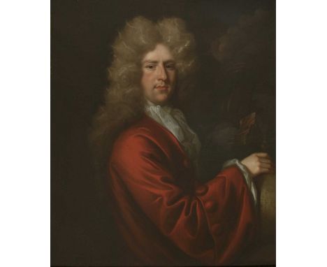 John Closterman (1660-1711) PORTRAIT OF A GENTLEMAN, HALF LENGTH, IN A RED COAT, HIS RIGHT HAND RESTING ON A CELESTIAL GLOBE,