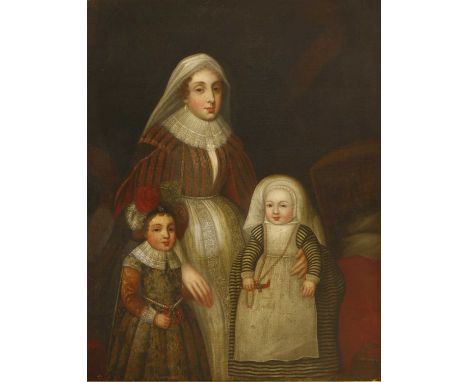 English School, early 17th century PORTRAIT OF A LADY WITH HER TWO CHILDREN, THREE-QUARTER LENGTH STANDING, ONE CHILD HOLDING