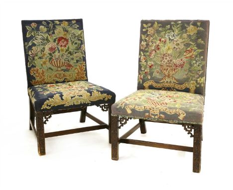 A pair of Chippendale period single library chairs, with pierced brackets and blind fret carved, square, chamfered front legs