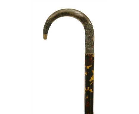 A Chinese silver and tortoiseshell walking stick , late 19th/early 20th century, the handle with figural and floral decoratio