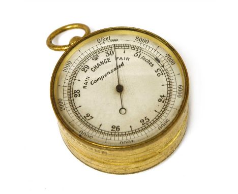 A pocket barometer altimeter compendium , 0-8,000 feet, the reverse with curved thermometer and compass, the side engraved 'P