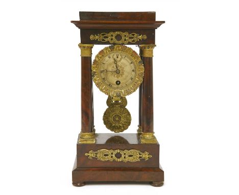 A small French mahogany portico clock, early 19th century, signed 'Robert à Paris' with an engine turned dial, a subsidiary s