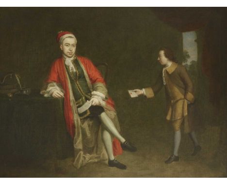 Circle of George Knapton (1698-1778) PORTRAIT OF A GENTLEMAN, SEATED FULL LENGTH IN HIS STUDY, RECEIVING A LETTER FROM A SERV