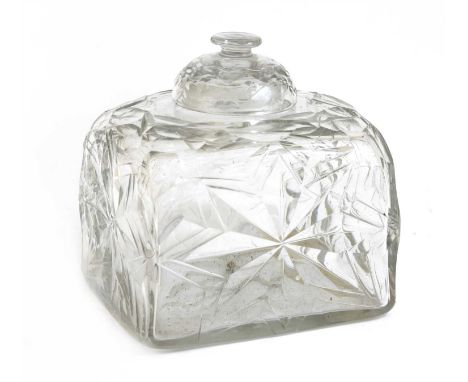 An Irish cut-glass tea caddy and cover, 18th century, of square shape, with star cut sides and old paper collection label des