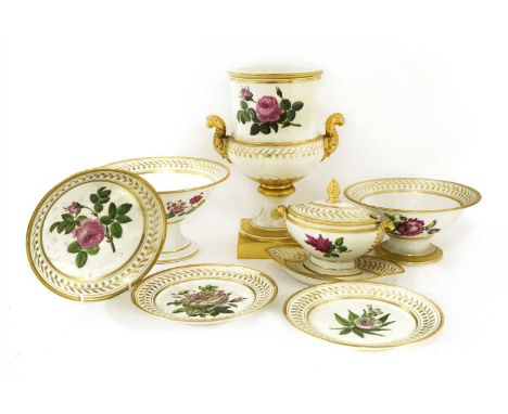 A quantity of Nast (Paris) porcelain tableware, 19th century, each piece decorated with botanical studies, including roses, w