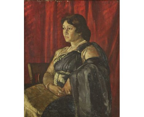 Indian School, 20th century PORTRAIT OF A WOMAN, THREE-QUARTER LENGTH, SEATED Indistinctly signed u.r., oil on canvas 90 x 75