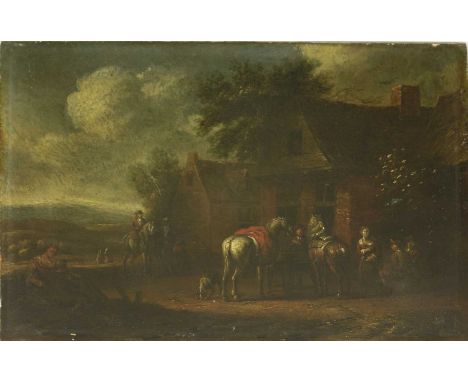 Cornelis van Essen (before 1700-1757) TRAVELLERS AND THEIR HORSES RESTING OUTSIDE AN INN; A HUNTING SCENE A pair, both signed